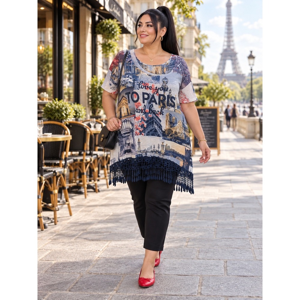 BohoGlam Artsy All Over Print I Love You To Paris Blue Rhinestone Fringe 3X Top